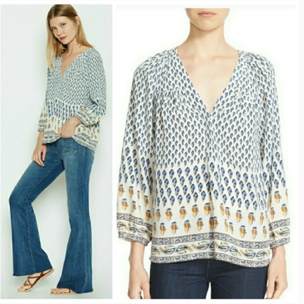 Joie Sonoma  Feather Print Silk Peasant Top XS